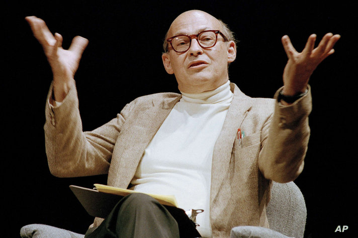 FILE - In this July 14, 1987, file photo, Massachusetts Institute of Technology's Marvin Minsky, speaks to the audience during…